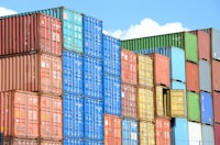 blue red and yellow intermodal containers